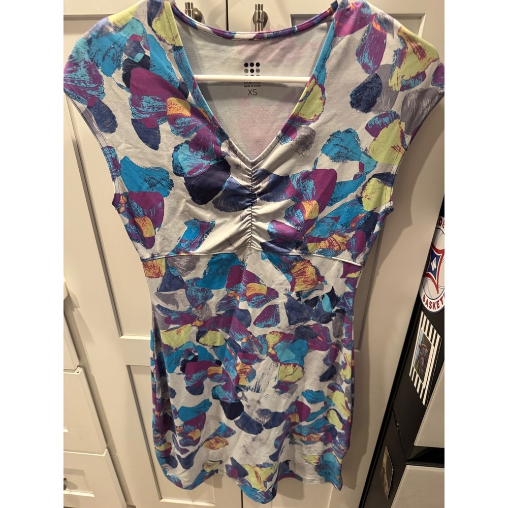 Title Nine Womens Abstract Floral Ruched V Neck Short Sleeve‎ Dress XS